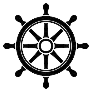 Può includere: Un'illustrazione grafica nera di un timone di nave caratterizzata da un mozzo centrale circolare, otto raggi che si irradiano verso l'esterno e un bordo esterno spesso con otto maniglie arrotondate che si estendono dal perimetro su sfondo bianco.