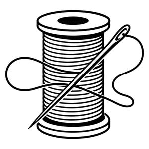 Puede incluir: Una ilustración gráfica en blanco y negro de un carrete de hilo cilíndrico con una aguja de coser colocada en diagonal sobre la parte frontal. El hilo está enrollado alrededor del carrete y un cabo sobresale del ojo de la aguja.