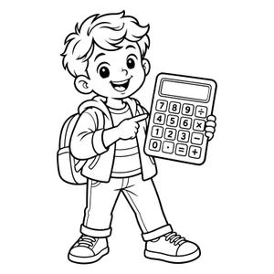 Puede incluir: Una ilustración de arte lineal en blanco y negro de un joven estudiante con el cabello revuelto, vistiendo una chaqueta con capucha y una mochila, sonriendo mientras señala una calculadora grande sostenida en la otra mano, con teclas numéricas.