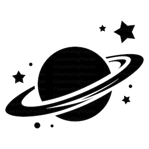 May include: A black graphic illustration of a planet with prominent rings, surrounded by several small stars and circular dots. The design features a central spherical planet encircled by a thick ring, with various star shapes positioned around it.