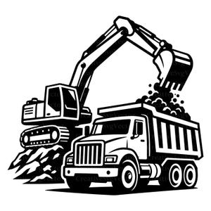 May include: A black and white graphic illustration of a construction excavator loading dirt into the bed of a dump truck. The excavator features a tracked base and an extended arm with a bucket, while the dump truck has a large cargo bed.