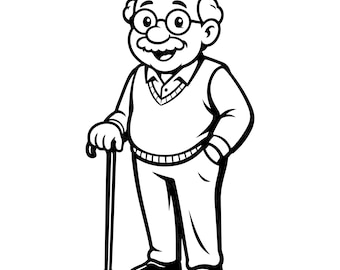 May include: A black and white line art illustration of a bald elderly person with a mustache and round glasses. The figure wears a V-neck sweater vest over a collared shirt and trousers, standing while holding a walking cane with one hand.