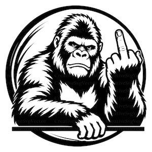 May include: A black and white graphic illustration of a gorilla centered within a circular frame. The gorilla is depicted with a stern facial expression, resting one arm on a horizontal bar while raising the other hand to show a middle finger.