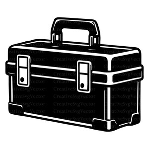 May include: A black and white graphic illustration of a rectangular toolbox featuring a top handle, two front latches, and reinforced corners. The design is rendered in a high-contrast, solid black silhouette style with white outlines and details.