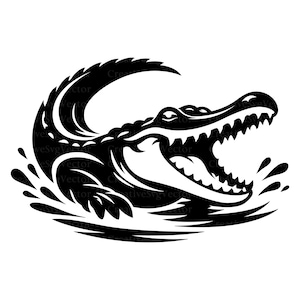 May include: A black and white graphic illustration of an alligator with its mouth open, emerging from water with visible splashes. The design features bold, clean lines and a high-contrast silhouette of the reptile in a dynamic, aggressive pose.