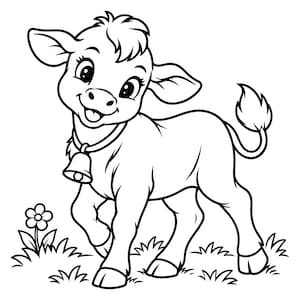 Puede incluir: Una ilustración de arte lineal en blanco y negro de un ternero joven de pie sobre un parche de hierba con una sola flor. El ternero tiene ojos grandes, un mechón de pelo en la cabeza y lleva un collar con una campana, mirando al frente.