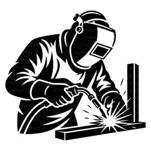 May include: A black and white graphic illustration of a welder wearing a protective helmet and heavy gear, holding a welding torch that emits sparks while joining two metal pieces together. The design features bold lines and high contrast.