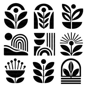 Peut inclure: Une collection de neuf icônes graphiques en noir et blanc représentant des formes botaniques et géométriques abstraites. Les motifs incluent des plantes stylisées, des soleils, des arcs-en-ciel et des arches disposés en grille, en silhouette noire.