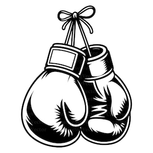 Puede incluir: Una ilustración gráfica en blanco y negro de un par de guantes de boxeo atados por sus cordones en la parte superior. Los guantes presentan un diseño audaz de alto contraste con líneas limpias, mostrando la forma clásica del equipo de boxeo.