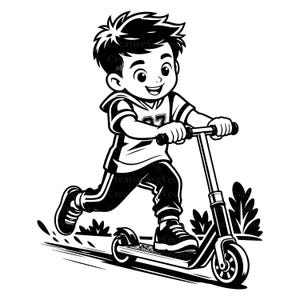 May include: A black and white graphic illustration of a child with short hair wearing a short-sleeved shirt and trousers, riding a kick scooter. The child is smiling while holding the handlebars, with motion lines indicating movement along the ground.