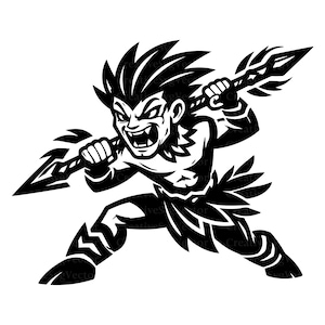 May include: A black and white graphic illustration of a stylized character with spiky hair, fangs, and a fierce expression, holding a spear above the head in a dynamic combat stance, wearing a leaf-like skirt and leg wraps, with repeating text.