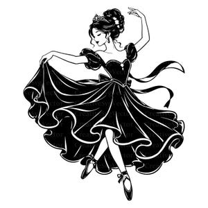 Peut inclure: Une illustration graphique en noir et blanc représentant une danseuse portant une robe de bal à manches bouffantes, un diadème et des chaussons de danse. La silhouette est dans une pose dynamique, bras levés, jupe déployée en mouvement.