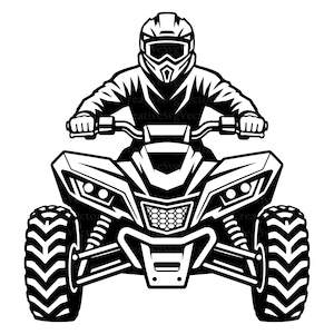May include: A black and white graphic illustration of a rider wearing a helmet and goggles, positioned on an all-terrain vehicle. The ATV features large, knobby tyres, a front grille, and handlebars, presented in a high-contrast, flat design style.