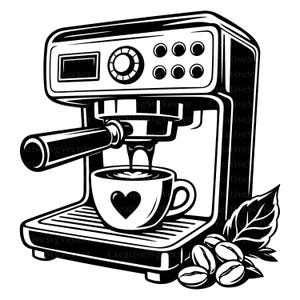 May include: A black and white graphic illustration of an espresso machine with a portafilter dispensing coffee into a cup featuring a heart icon. The design includes a group of coffee beans and a leaf positioned at the base of the machine.