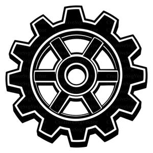 May include: A black and white graphic illustration of a mechanical gear with twelve teeth. The design features a central circular hub connected by six spokes to an outer ring, with the text CreativeSvgVector repeated across the black surfaces.