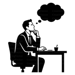 Op de afbeelding: Een zwart-witte grafische illustratie van een persoon in een pak die aan een bureau zit. De persoon rust met de kin op een hand en kijkt omhoog naar een lege, wolkachtige gedachtenwolk die boven het hoofd zweeft.