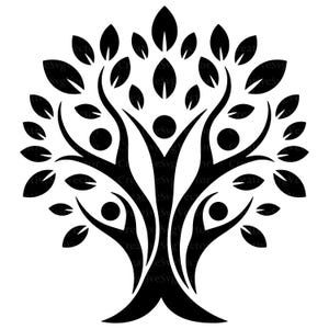 May include: A black and white graphic illustration of a tree where the branches and trunk are formed by stylized human figures with raised arms, surrounded by numerous solid black leaves arranged in a circular canopy pattern.