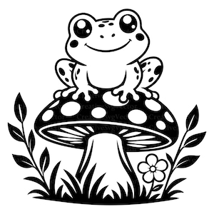 May include: A black and white graphic illustration featuring a cartoon frog with large eyes sitting atop a spotted mushroom. The scene includes stylised leafy plants on both sides and a small five-petaled flower at the base of the mushroom stem.