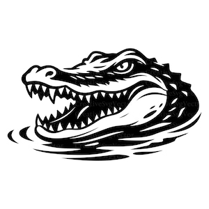 May include: A black and white graphic illustration of an alligator head emerging from water with its mouth open, revealing sharp teeth. The design features bold, high-contrast lines and stylized ripples at the base of the alligator's neck.