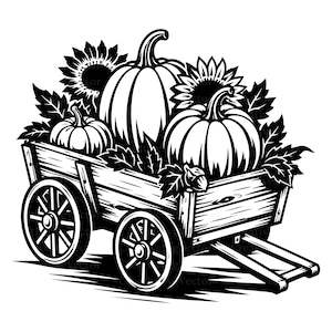 Könnte beinhalten: Eine schwarz-weiße grafische Illustration eines Holzwagens, gefüllt mit zwei großen Kürbissen, einem kleineren Kürbis und zwei Sonnenblumen, umgeben von Laub. Der Wagen verfügt über vier Speichenräder und einen Griff an der Vorderseite.