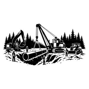 May include: A black and white graphic illustration of a construction site featuring an excavator, a crane lifting a large pipe, and a bulldozer. Three workers in hard hats and safety vests stand near the trench, with a forest silhouette in the background.