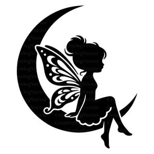 Fairy SVG, Crescent Moon Clipart, Fairy Silhouette Vector, Magical Fantasy Design, Pixie Artwork