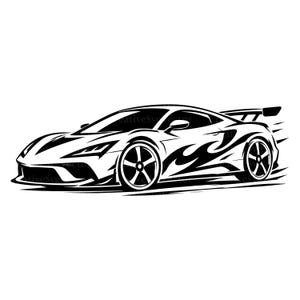 以下が含まれることがあります： 走行中のスポーツカーを描いた白黒のベクターイラスト。車両は、低プロファイルの空力ボディ、リアスポイラー、サイドパネルに施された炎のスタイリッシュなグラフィックが特徴です。デザインにはスピード感を表現するモーションラインが含まれています。