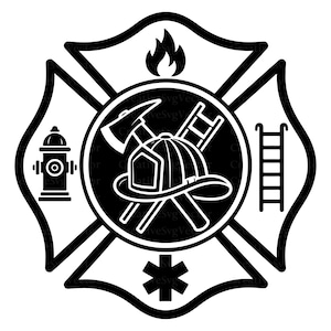Può includere: Un design grafico in bianco e nero di un emblema a croce di Malta con un casco da vigile del fuoco centrale, un'ascia e una scala incrociate, una fiamma in alto, un idrante a sinistra, una scala a destra e una stella della vita in basso.