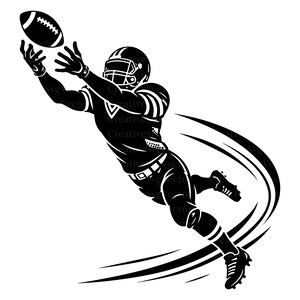 Puede incluir: Una ilustración gráfica en blanco y negro de un jugador de fútbol americano en una pose dinámica de salto, extendiendo ambos brazos hacia arriba para atrapar un balón. El jugador lleva casco y uniforme, con líneas de movimiento curvas.
