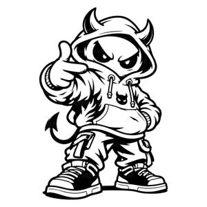 Puede incluir: Una ilustración gráfica en blanco y negro de un personaje de dibujos animados que lleva una sudadera con capucha y cuernos, pantalones cargo y zapatillas. El personaje tiene una cola puntiaguda, señala con un dedo y tiene un pequeño icono de diablo.