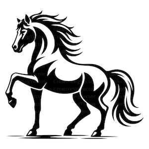 May include: A black and white graphic illustration of a horse in a rearing pose. The design features bold, solid black shapes against a white background, depicting the horse with a flowing mane and tail, with one front leg lifted off the ground.