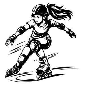 Könnte beinhalten: Eine schwarz-weiße grafische Illustration einer Person auf Inlineskates in Bewegung. Die Person trägt einen Helm, Ellbogenschützer, Knieschoner und Inlineskates. Die Figur hat einen Pferdeschwanz und ist in einer dynamischen Pose dargestellt.