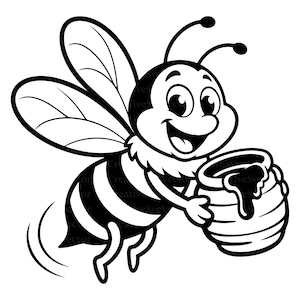 May include: A black and white line art illustration of a smiling bee in flight. The bee has striped markings, two large wings, and antennae. It is holding a round, ribbed honey pot with a small amount of honey dripping over the rim of the container.