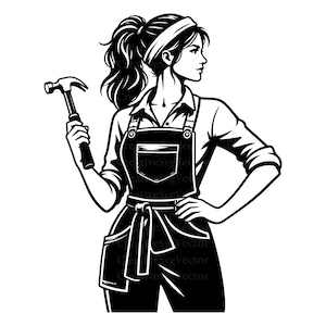 May include: A black and white graphic illustration of a person with a ponytail wearing a headband, a collared shirt, and a utility apron with pockets. The person is holding a claw hammer in one hand and has the other hand on their hip.