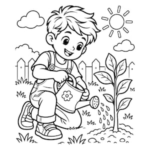 Può includere: Un'illustrazione in bianco e nero a tratto di un bambino con salopette, inginocchiato in un giardino mentre annaffia una piccola pianta con un annaffiatoio a motivi floreali. La scena include un recinto, nuvole e un sole sullo sfondo.
