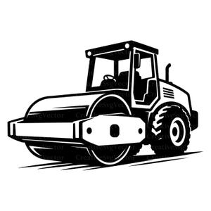 Pode incluir: Uma ilustração gráfica a preto e branco de um rolo compactador de construção. O design apresenta um grande tambor frontal, uma cabine com volante e um pneu traseiro com um rasto profundo, tudo representado em alto contraste.
