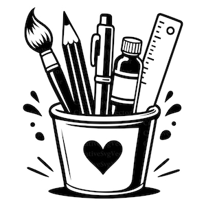 Può includere: Un'illustrazione grafica in bianco e nero di un bicchiere cilindrico con un'icona a forma di cuore sul davanti. Il bicchiere contiene un pennello, una matita, una penna, una boccetta e un righello. Diverse gocce circondano la base.