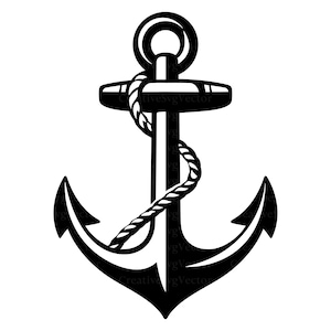 May include: A black and white graphic illustration of a nautical anchor featuring a thick rope wrapped around its central shaft. The design is symmetrical with a ring at the top, a horizontal crossbar, and two curved flukes at the base.