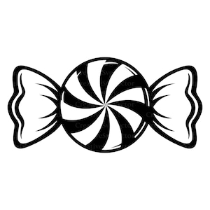 May include: A black and white graphic illustration of a wrapped candy. The central circular portion features a radial swirl pattern of alternating black and white segments, while the two side wrappers are outlined with simple curved lines.