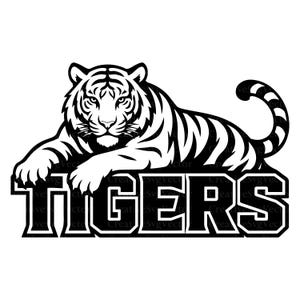 May include: A black and white graphic illustration of a tiger lying down with its front paws resting on top of the word TIGERS, which is written in a bold, block-style font with a thick outline, creating a high-contrast sports-themed logo design.