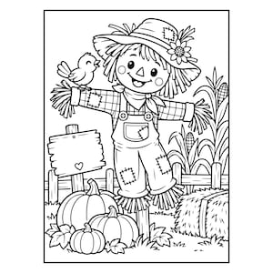 Puede incluir: Una ilustración en blanco y negro de un espantapájaros sonriente con un sombrero con flor, camisa a cuadros y peto con parches. Un pequeño pájaro se posa en su brazo. Debajo hay tres calabazas, un letrero de madera y tallos de maíz.