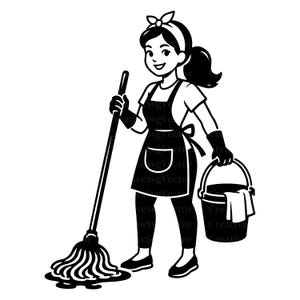 May include: A black and white vector illustration of a character wearing a headband, apron, and gloves, holding a mop in one hand and a bucket with a cloth in the other. The design features clean lines and solid black shapes on a white background.