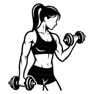 May include: A black and white graphic illustration of a person with a ponytail wearing a sports bra and shorts, performing a bicep curl with a dumbbell in one hand while holding another dumbbell in the opposite hand at their side.