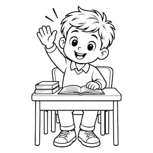 May include: A black and white line art illustration of a young student sitting at a school desk with a raised hand. The student has short hair, wears a collared shirt, and is positioned behind an open book with a stack of two books beside it.