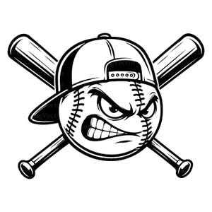 Puede incluir: Una ilustración gráfica en blanco y negro de un personaje de béisbol enfadado con gorra, colocado frente a dos bates de béisbol cruzados. La pelota de béisbol muestra una expresión facial feroz con los dientes apretados y costuras.
