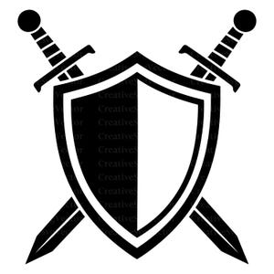 Könnte beinhalten: Eine schwarz-weiße grafische Illustration mit einem zentralen Schild, der vertikal in zwei Hälften geteilt ist und vor zwei gekreuzten Schwertern liegt. Das Design ist symmetrisch, wobei die Schwerter diagonal hinter dem Schild verlaufen.