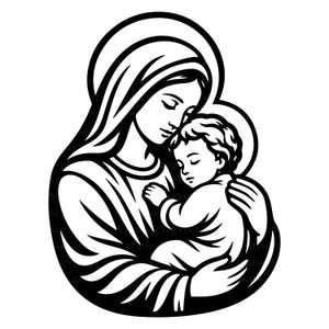 Puede incluir: Una ilustración gráfica en blanco y negro que muestra una figura con un tocado sosteniendo a un niño pequeño. Ambas figuras tienen halos circulares detrás de sus cabezas, representadas con líneas gruesas y un alto contraste.