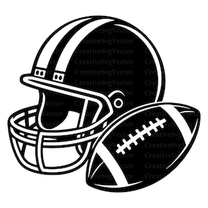 Op de afbeelding: Een zwart-witte grafische illustratie van een American footballhelm met een gezichtsmasker en een American football die ervoor is geplaatst. De helm heeft twee verticale strepen op de bovenkant en de bal toont een klassiek veterspatroon en eindstrepen.