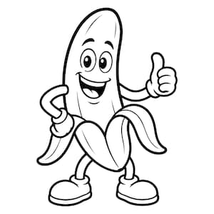 Könnte beinhalten: Eine schwarz-weiße Strichzeichnung einer Cartoon-Bananenfigur. Die Banane hat ein lächelndes Gesicht mit großen Augen, Arme mit behandschuhten Händen und Beine mit Schuhen. Eine Hand liegt auf der Hüfte, während die andere einen Daumen nach oben zeigt.