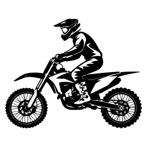 May include: A black and white graphic illustration of a motocross rider wearing a helmet and protective gear, positioned on a dirt bike. The design features high-contrast silhouettes of the rider and the motorcycle with detailed spoked wheels.